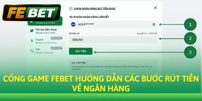 Cổng game Febet hướng dẫn các bước rút tiền về ngân hàng